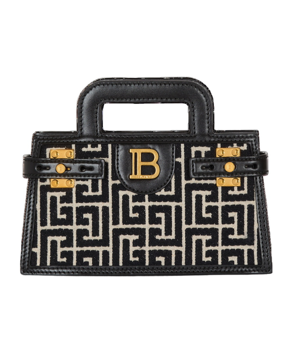 Balmain B-buzz Small Top Handle Monogrammed Canvas And Leather Bag