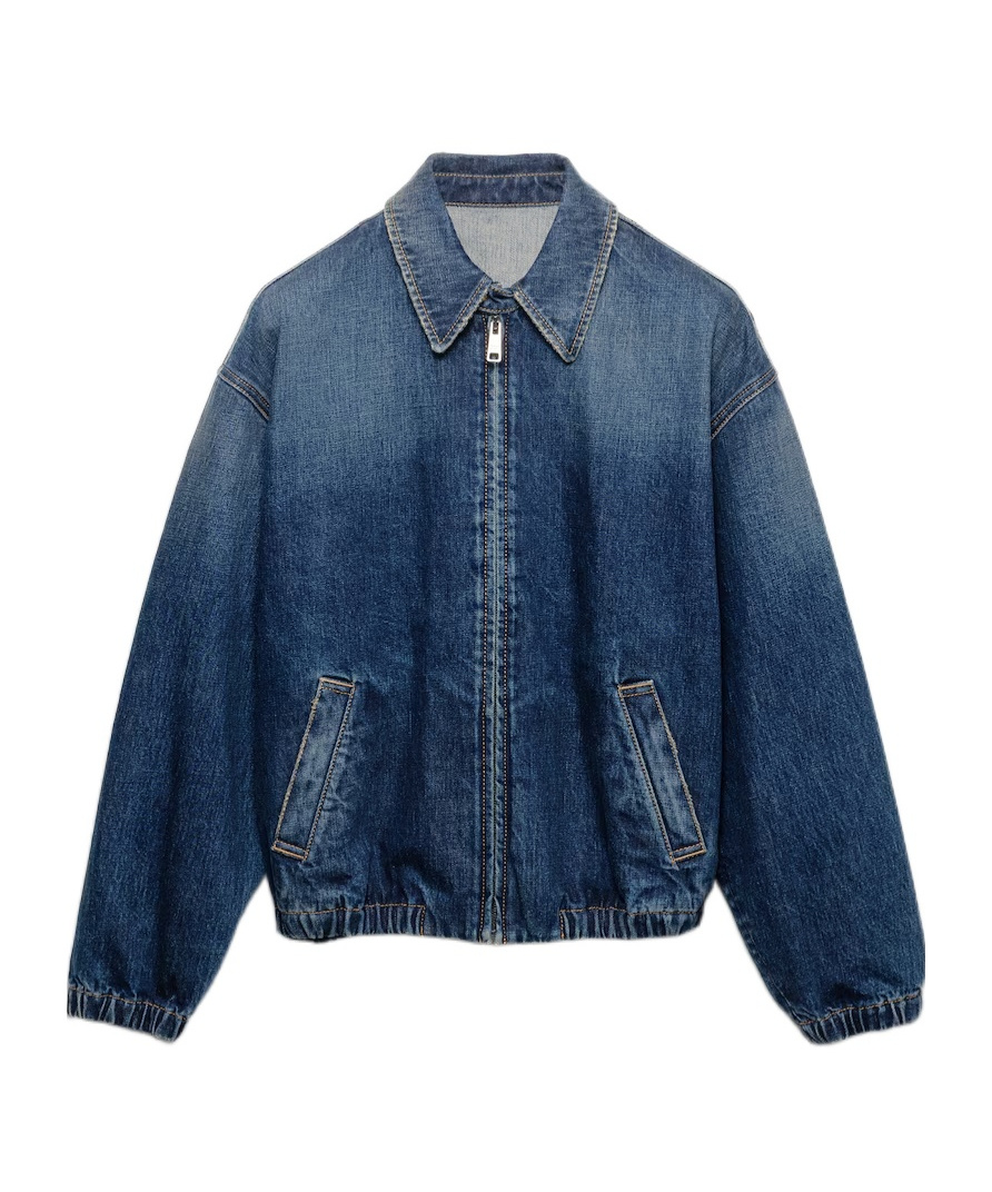 Prada Washed Denim Blouson Jacket In Blue