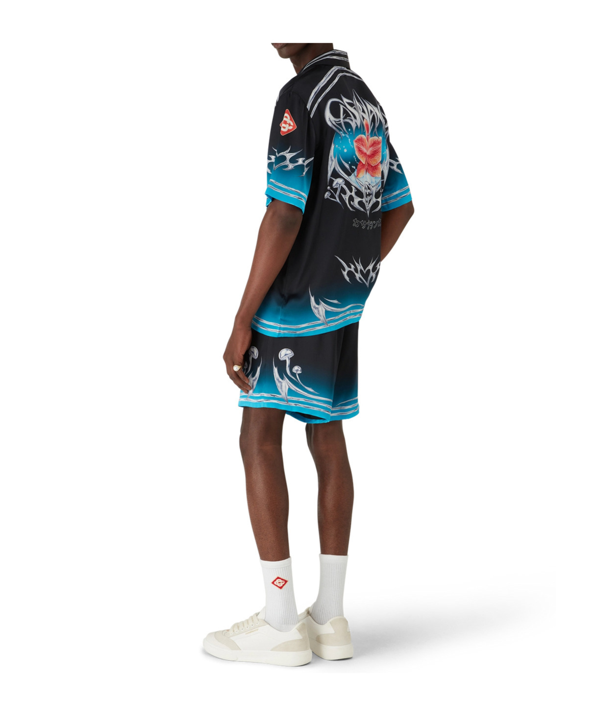 Casablanca Blades Orchid-print Cuban-collar Shirt In Black