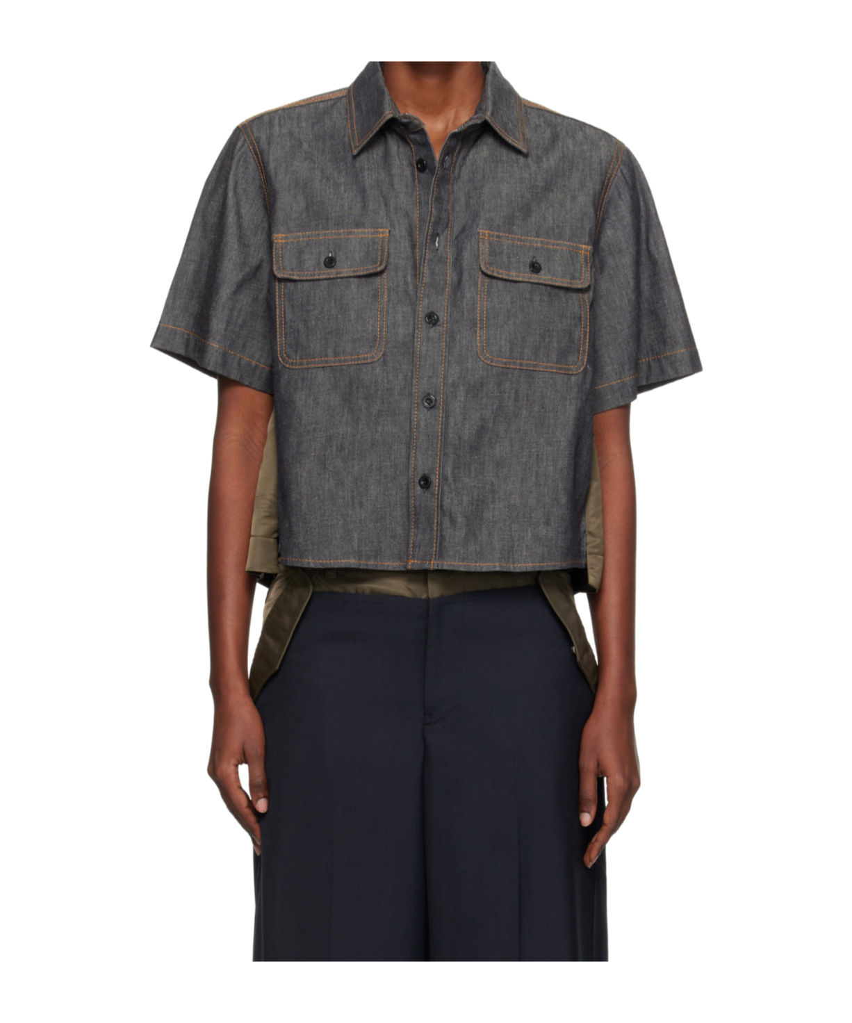 Sacai Double-pocket Denim Shirt In Gray