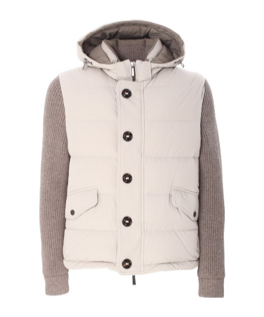 Moorer Quilted Jacket Hood Knitted Sleeves In Brown
