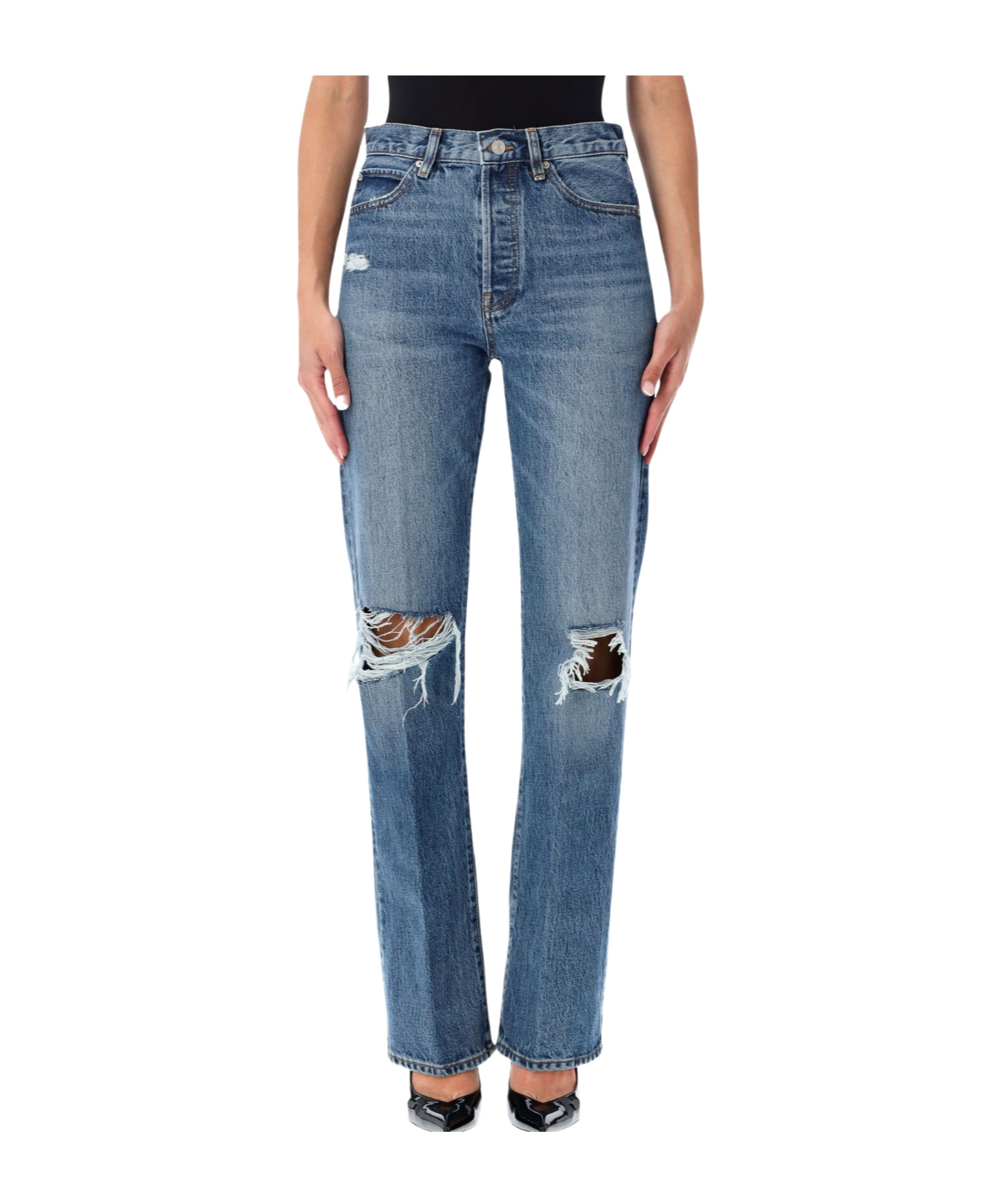 Frame The Vertical Distressed Straight Jeans In Blue