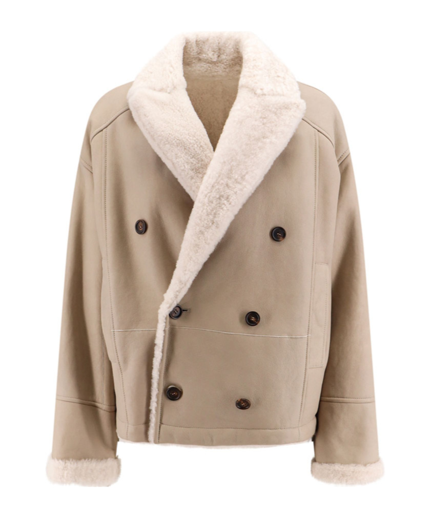 Brunello Cucinelli Reversible Fuzzy Shearling Outerwear With Jewellery In Nude