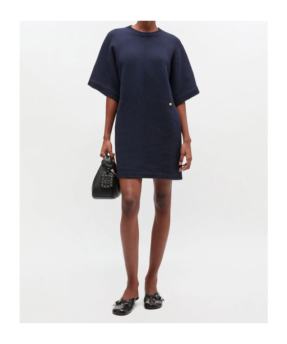 Ganni Dark Blue Wool Mix Dress In Blue