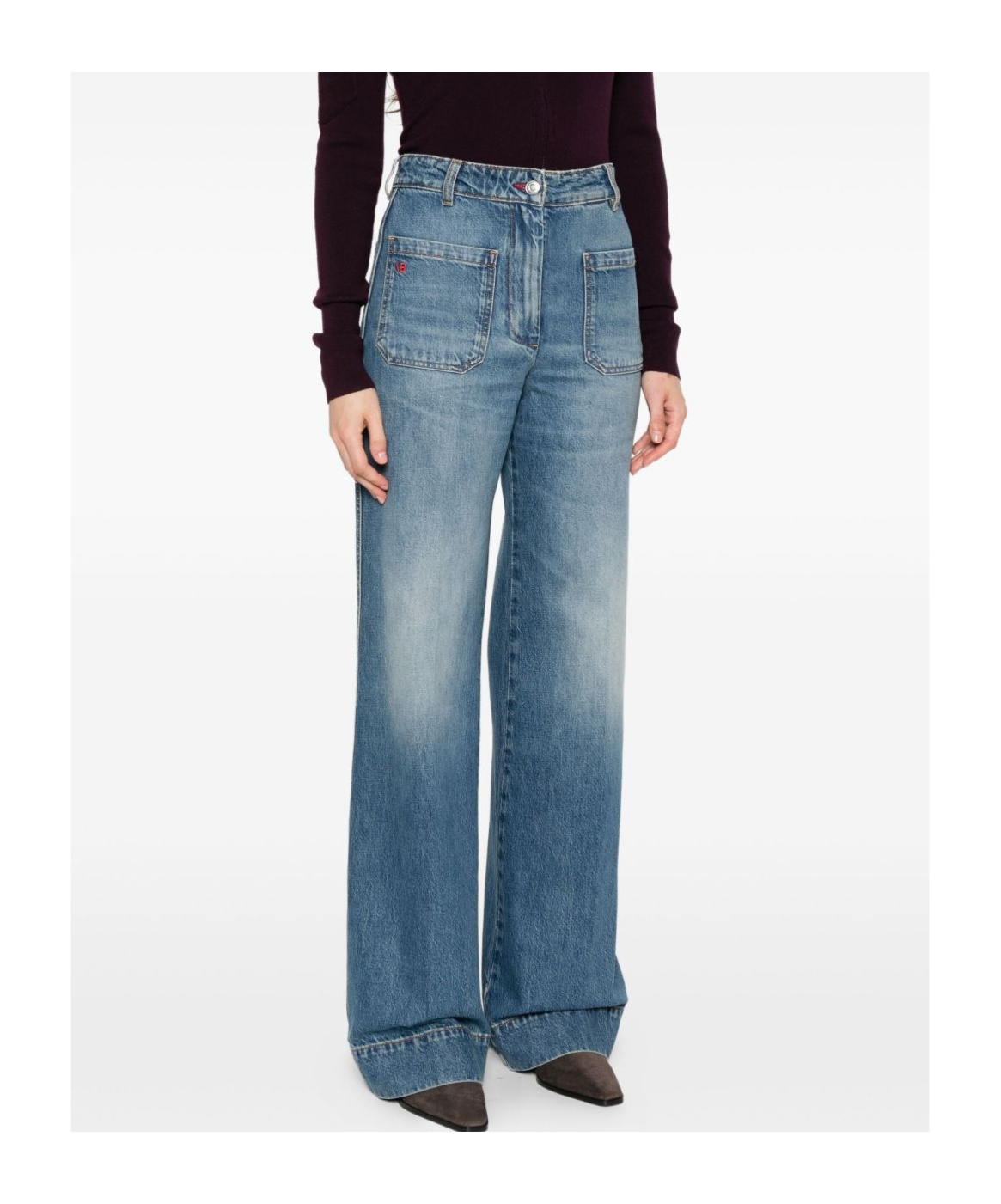 Victoria Beckham Wide-leg Jeans With Contrast Stitching And Pockets In Blue