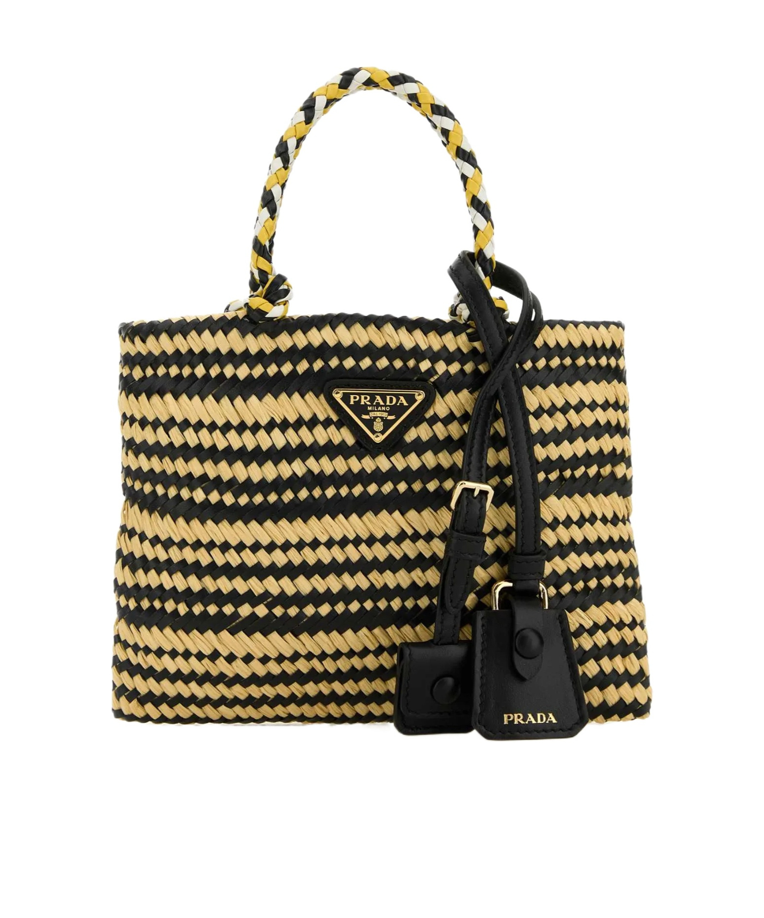 Prada Two-tone Woven Handbag Top Handles In Black