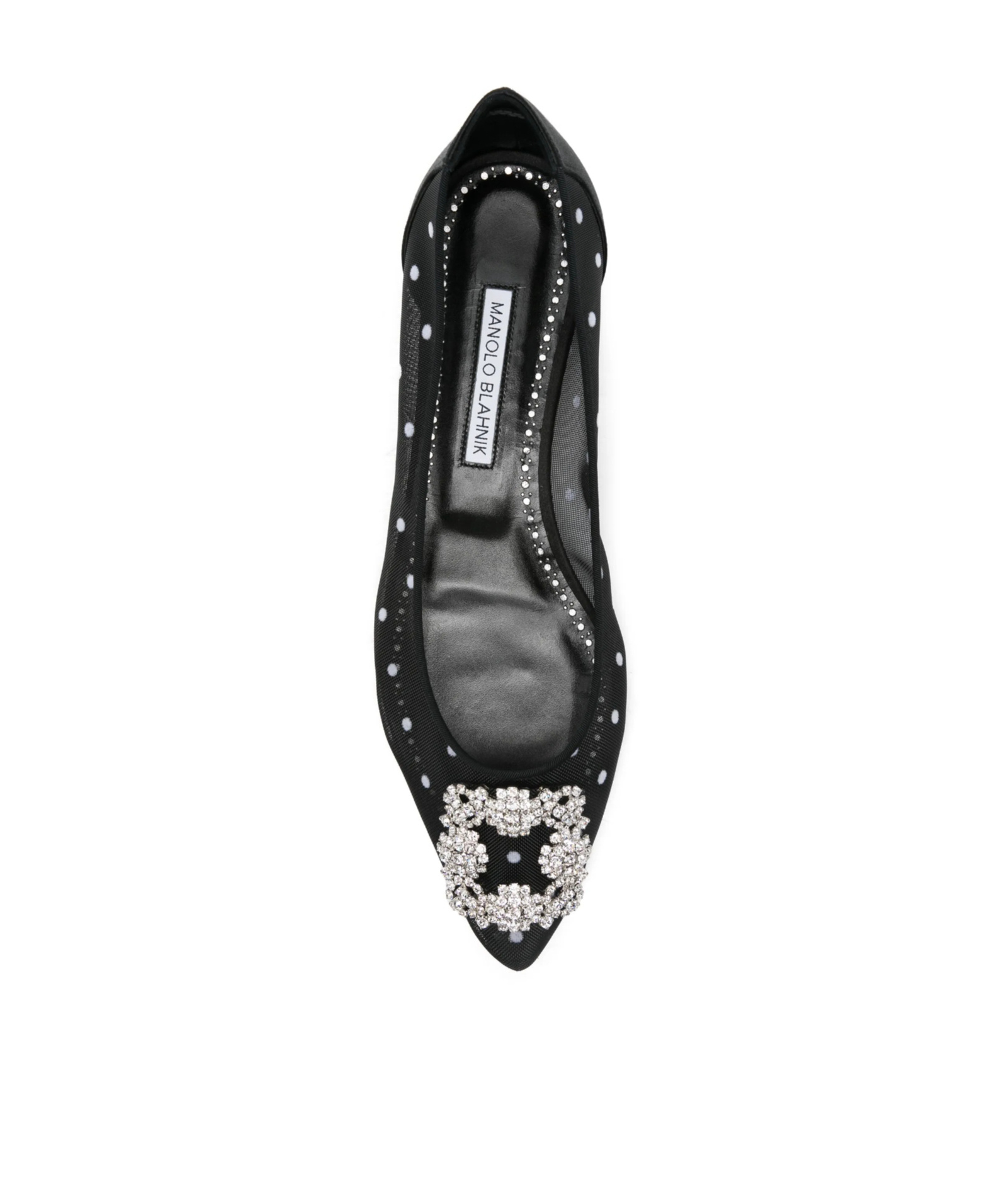Manolo Blahnik Hangisiflat Satin-trimmed Crystal-embellished Flocked Mesh Point-toe Ballet Flats In Black