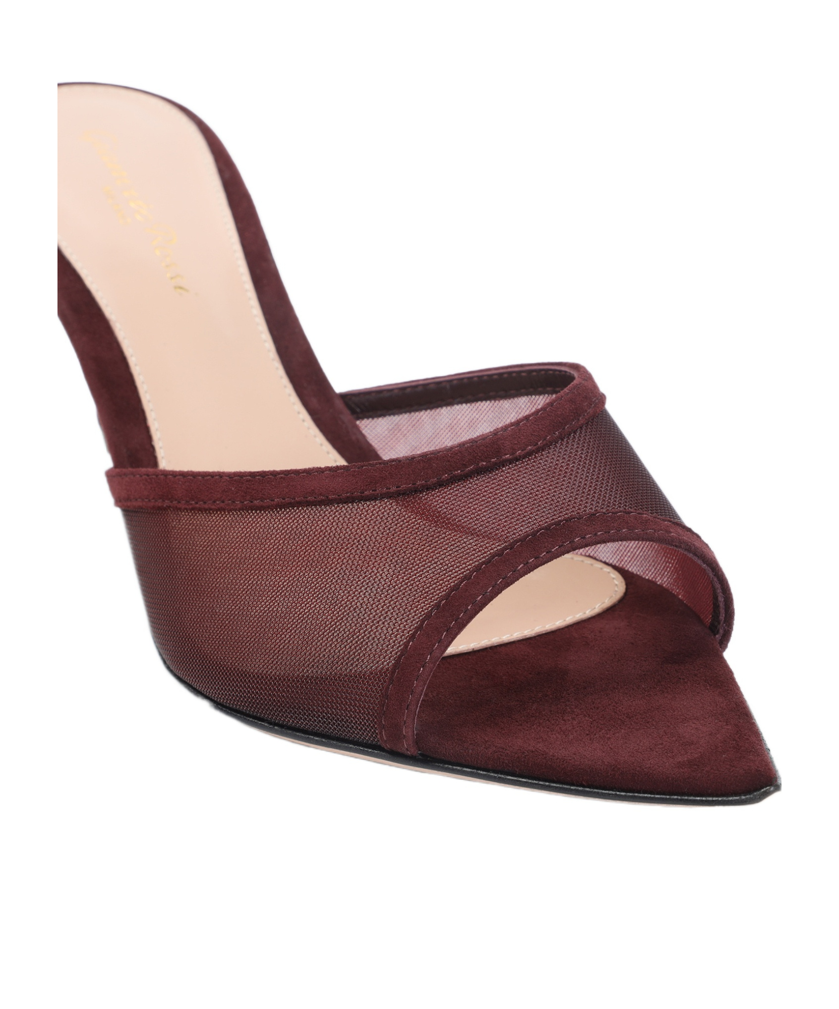 Gianvito Rossi Burgundy Suede Slippers With Transparent Mesh Overlay In Burgundy
