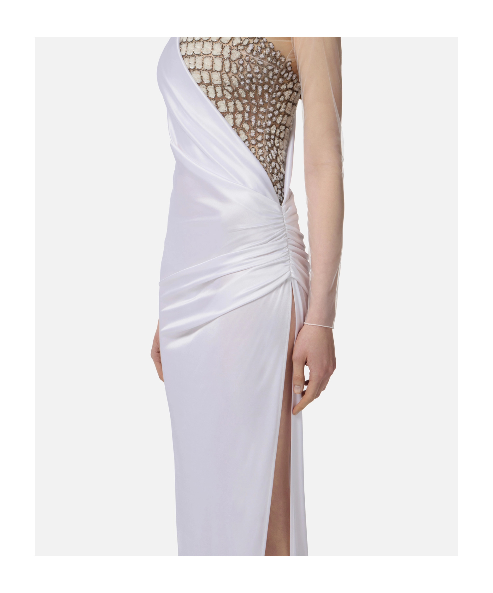 Elisabetta Franchi Red Carpet Tulle And Jersey Dress With Crocodile-effect Embroideries In White