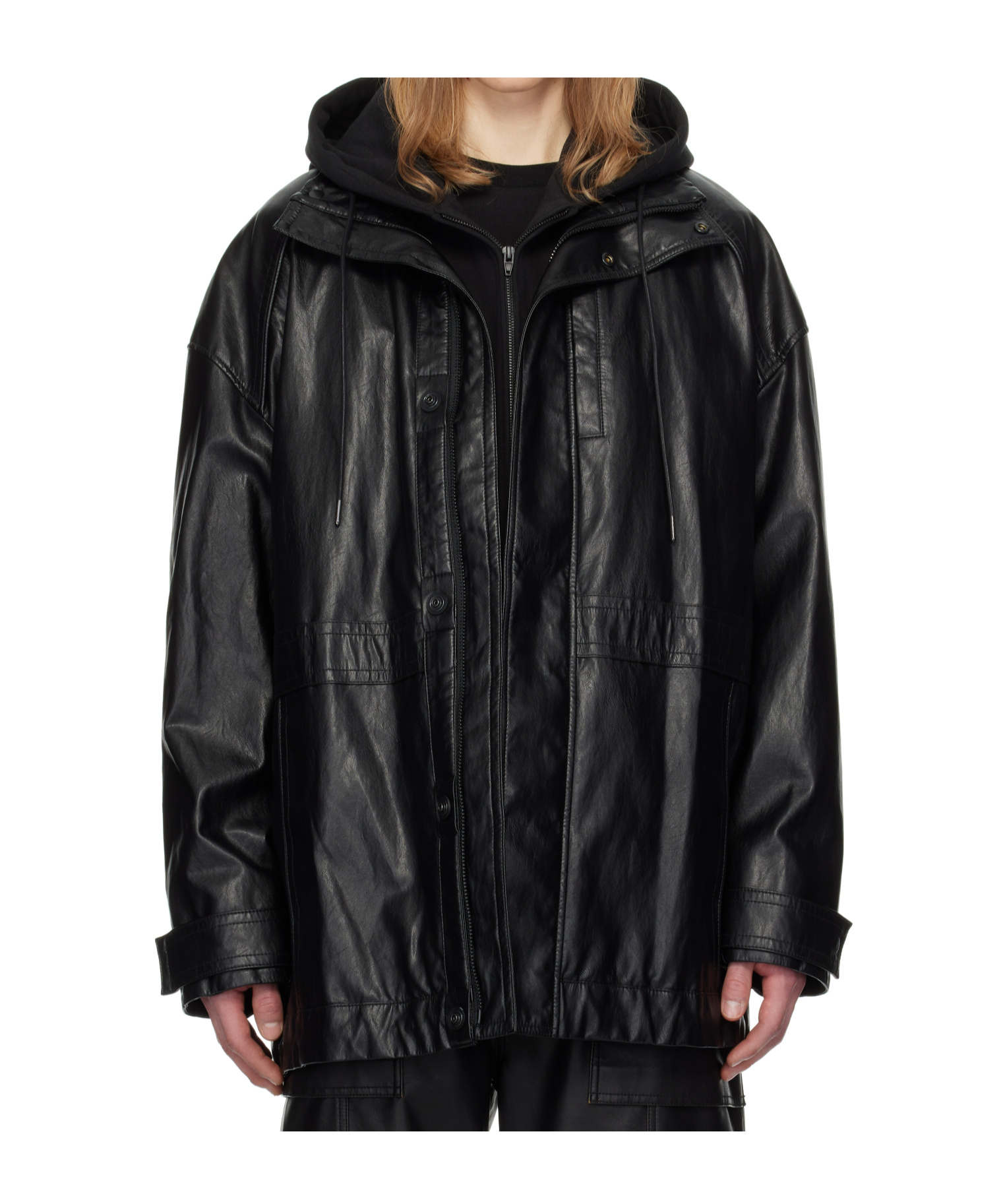 Juunj Hood Detachable Car Faux-leather Coat In Black