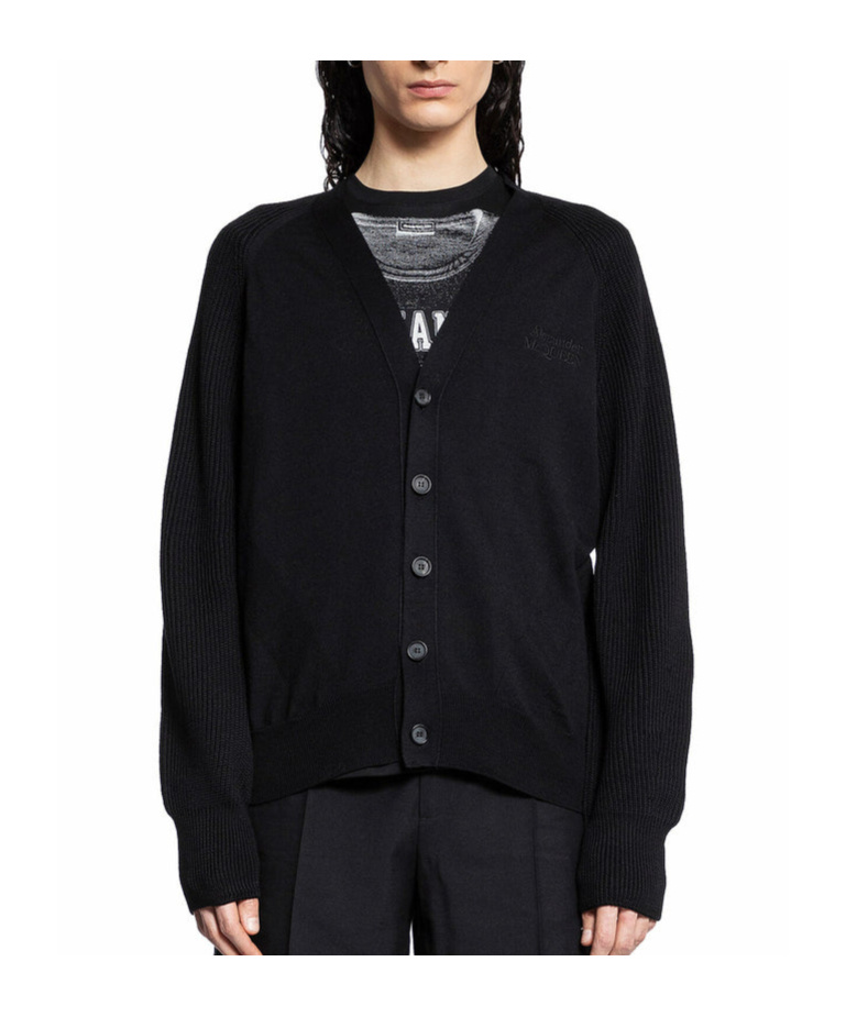 Alexander Mcqueen Wool Cardigan With Logo Embroidery In Black