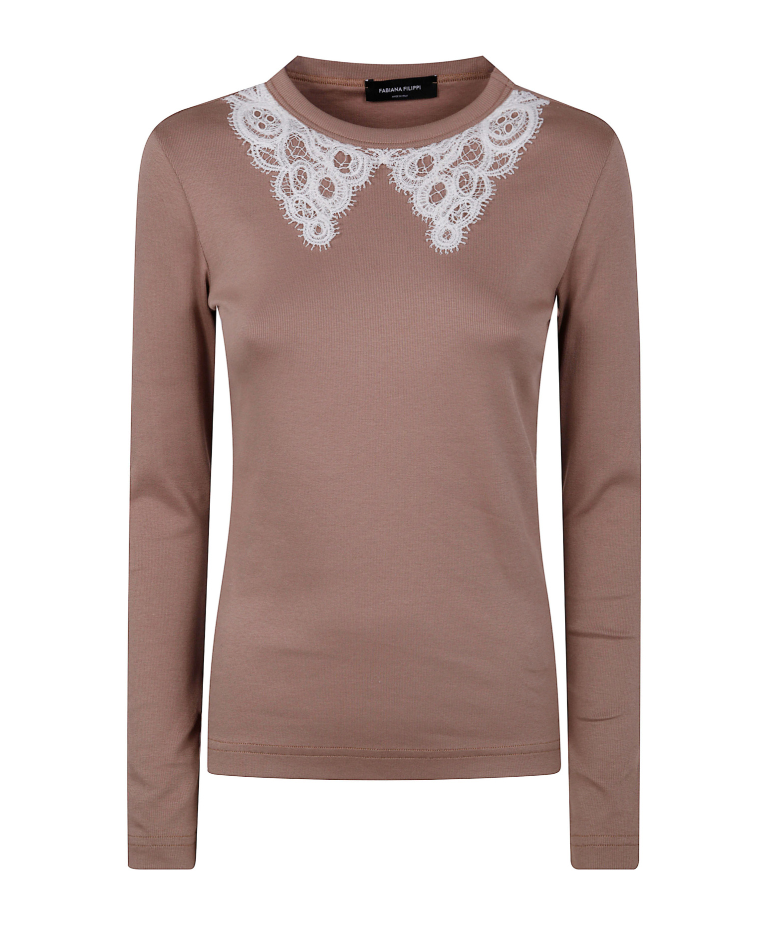 Fabiana Filippi Long Sleeve T-shirt With Macrame Lace Collar In Brown