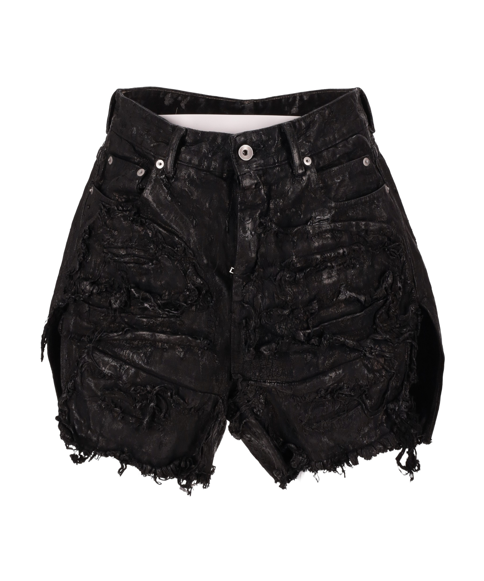 Rick Owens Womens Cut-off Distressed Waxed Cotton Shorts Black