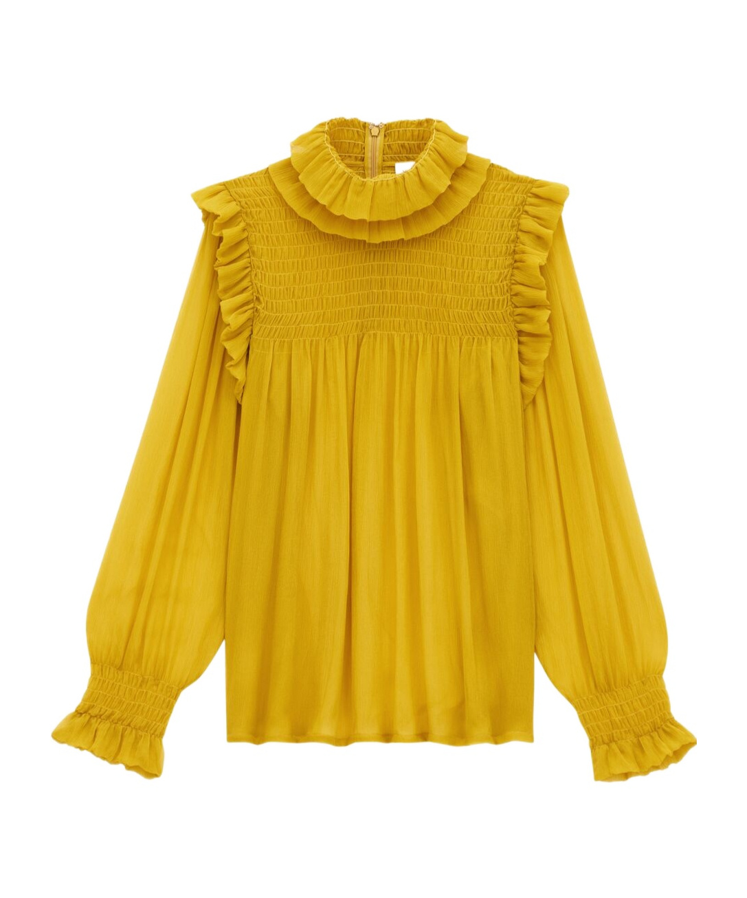 Saint Laurent Silk Blouse With Ruffled Collar And Smocked Detailing In Yellow