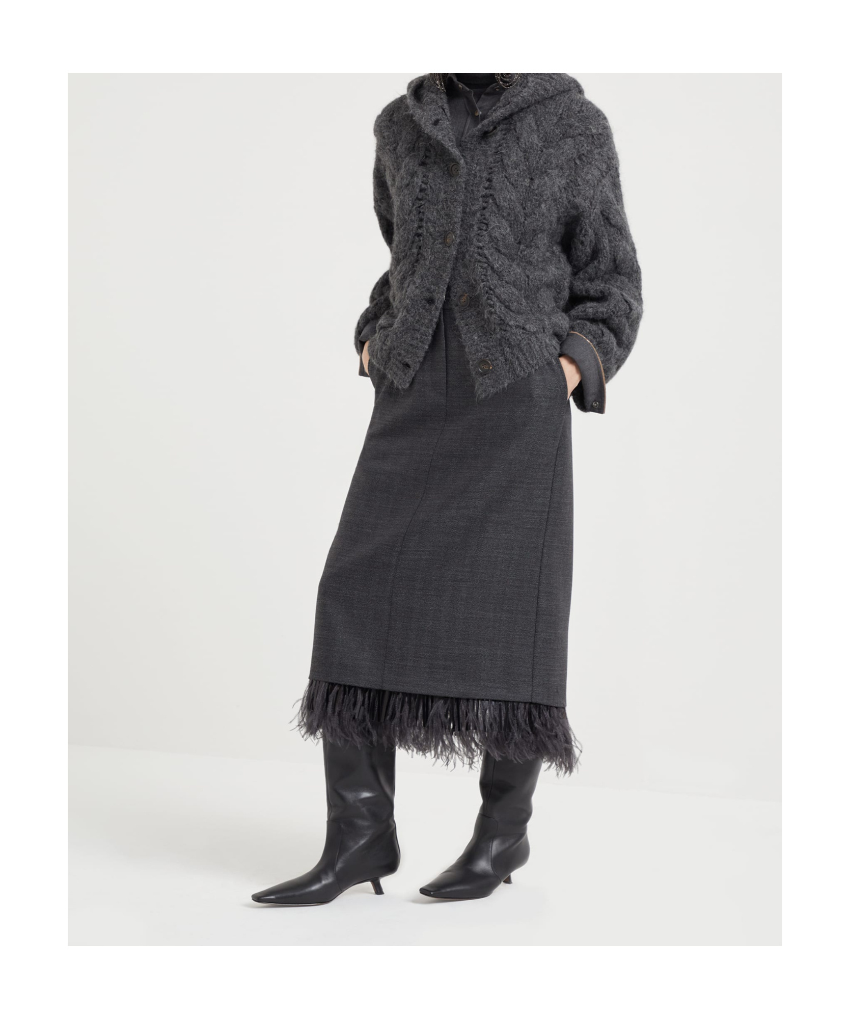 Brunello Cucinelli Virgin Wool Column Skirt With Detachable Feather Trim In Black