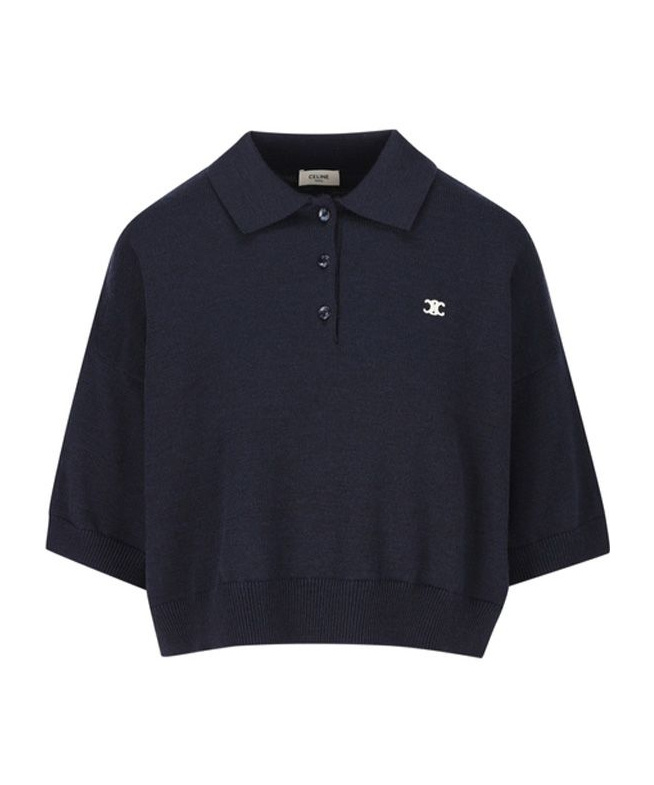 Celine Triomphe Cropped Polo In Wool In Navy Blue