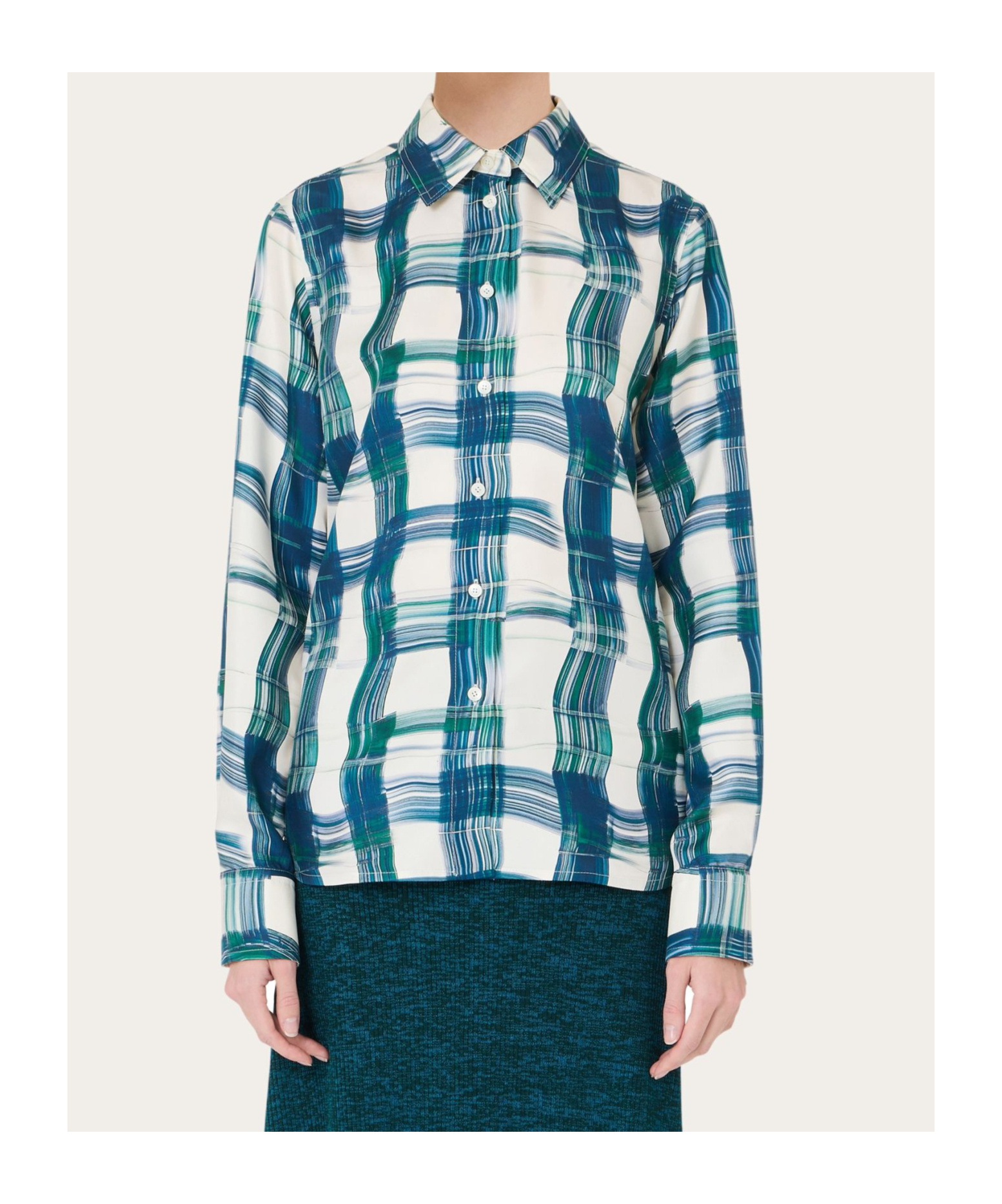 Ferragamo Brushstroke Check Button Down Silk Blouse In White