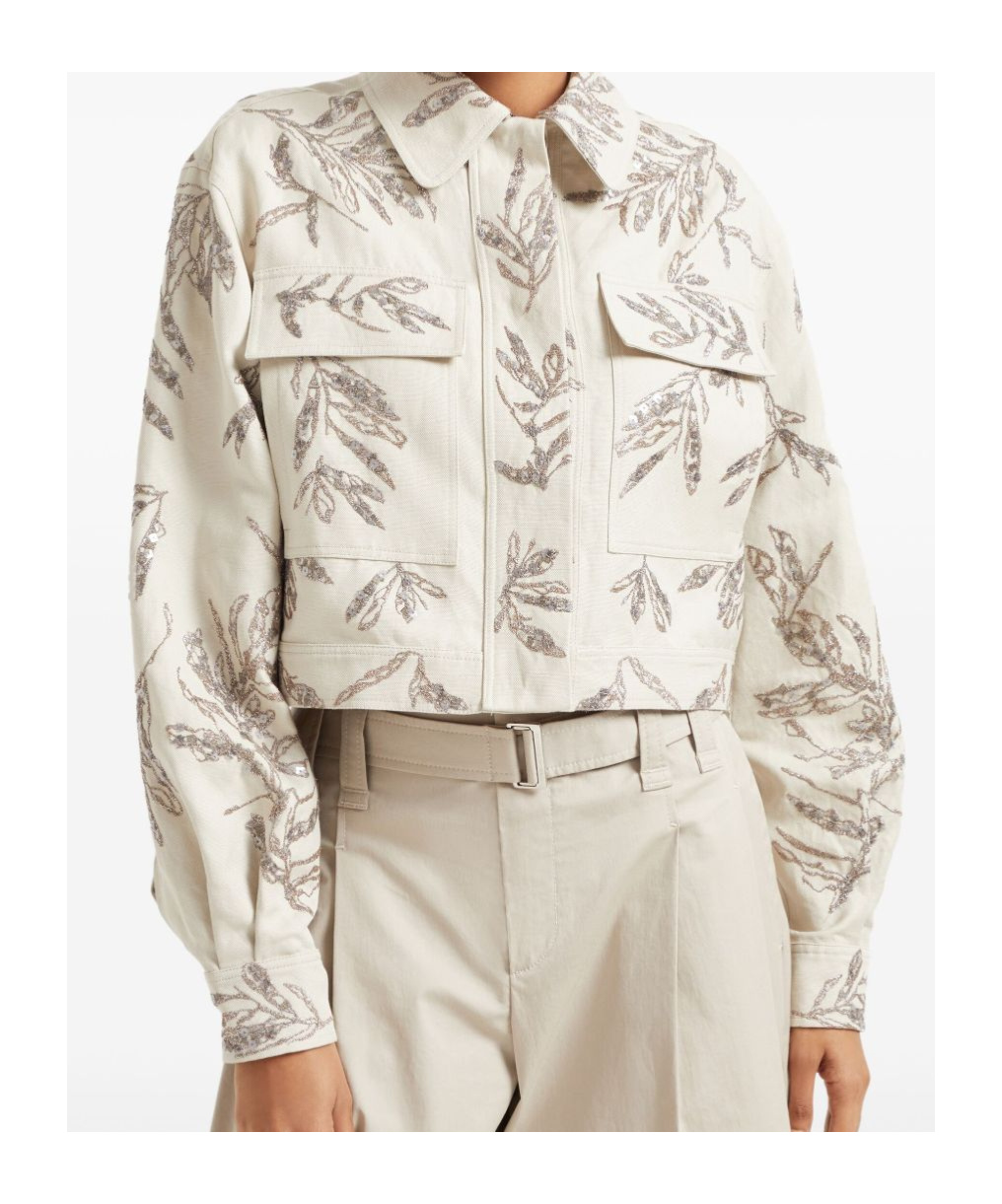 Brunello Cucinelli Collared Neck Cropped Embroidered Blazer In White