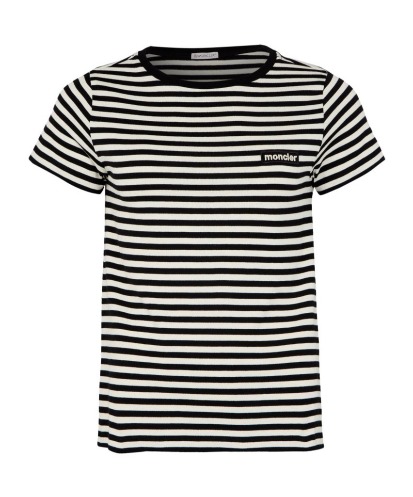 Moncler Black And White T-shirt With All-over Striped Motif And Logo Patch On The Chest In Cotton Wo In Black/white