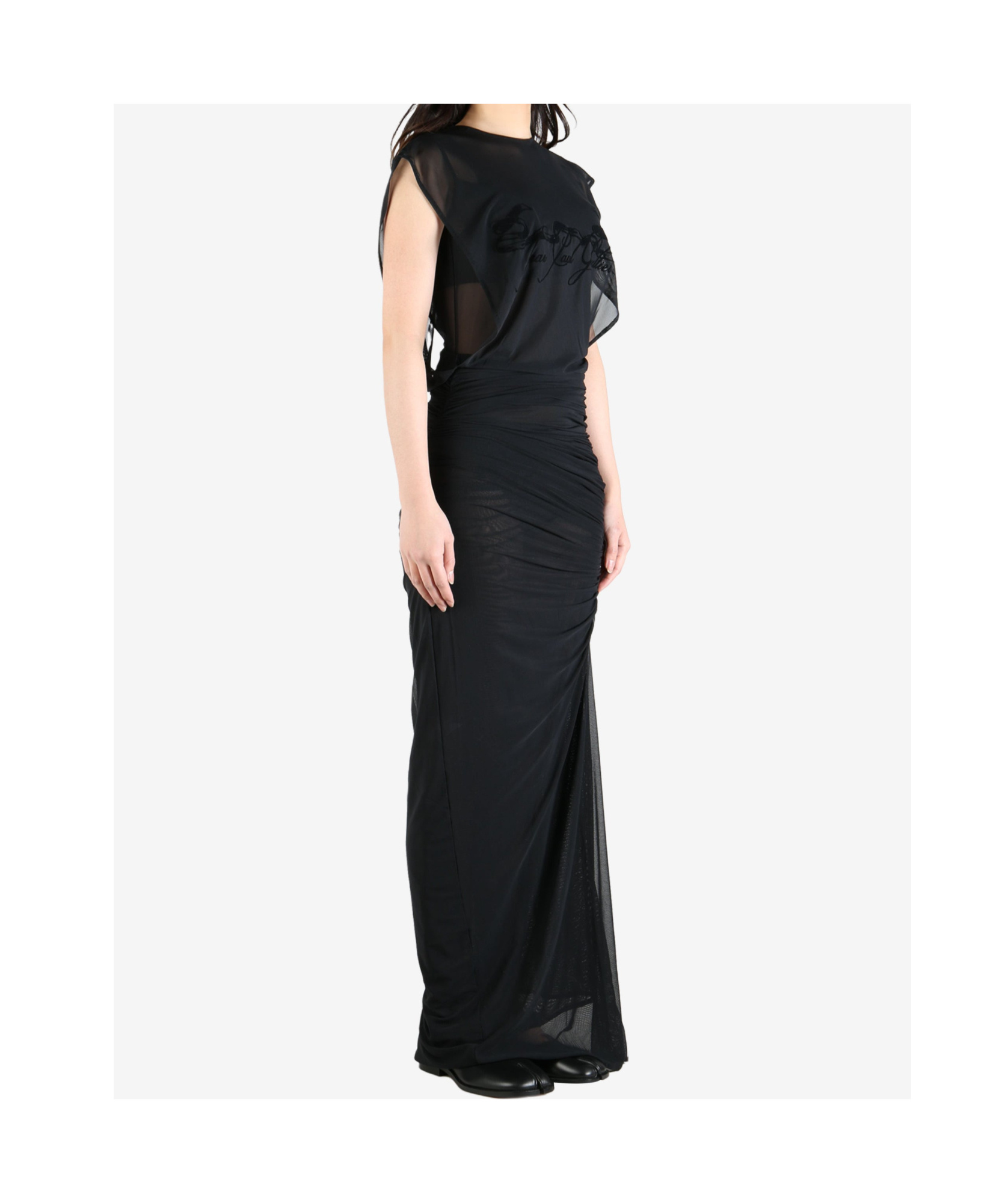Jean Paul Gaultier Flock 'tattoo Ruban' Open Back Mesh Sleeveless Dress In Black