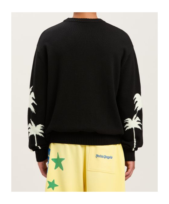 Palm Angels Black Sweater With Palms Motifs In Cotton And Wool Blend Man In Black