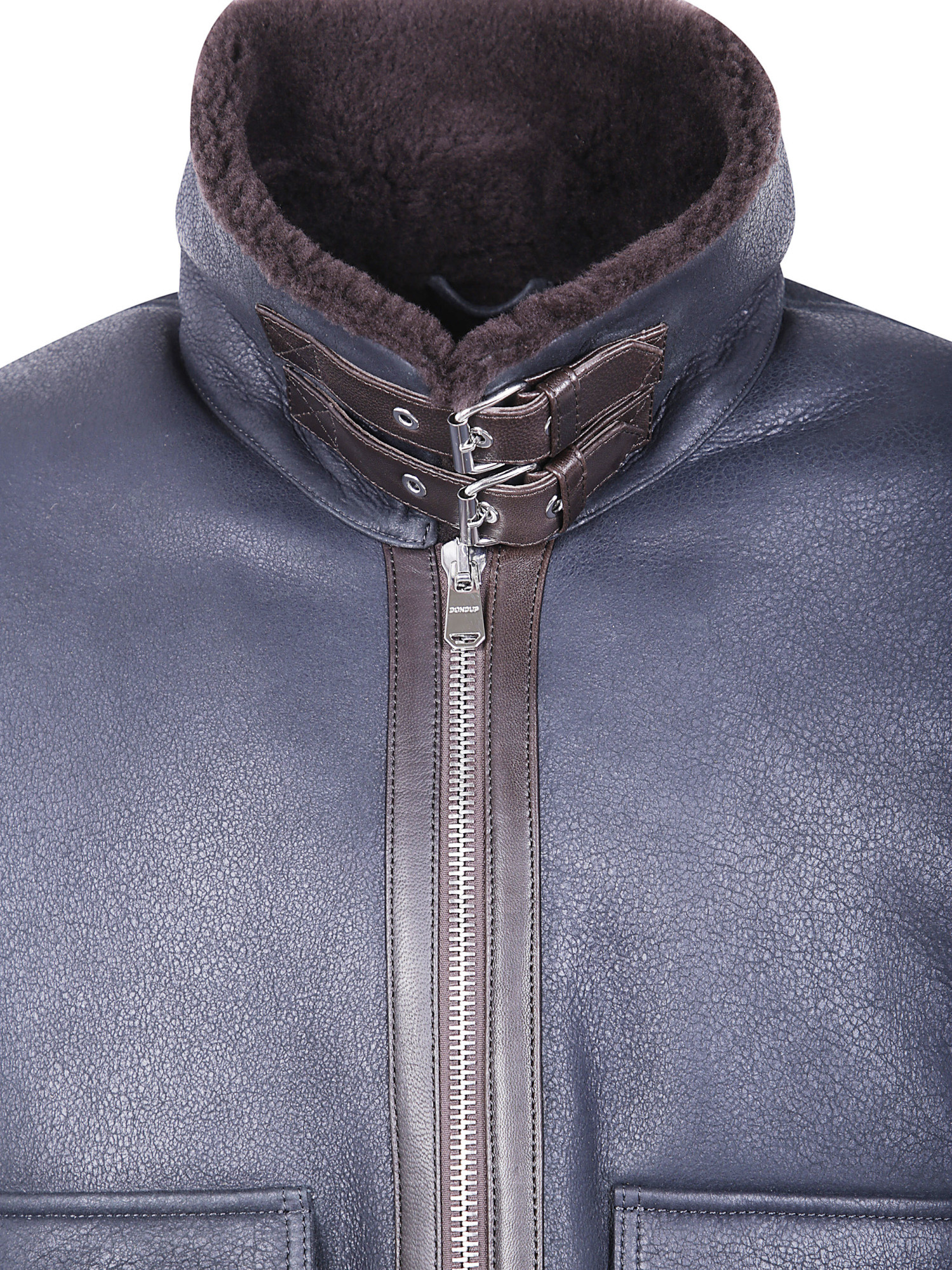 Dondup Buckle Leather Patch Shearling Collar Jacket In Blue