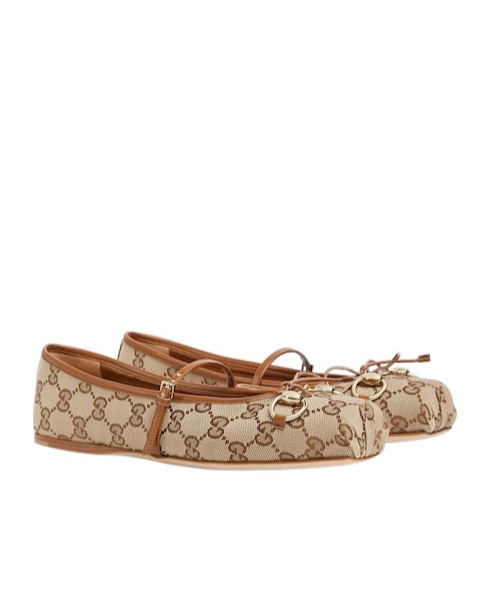 Gucci Horsebit-detailed Leather-trimmed Canvas-jacquard Ballet Flat In Nude