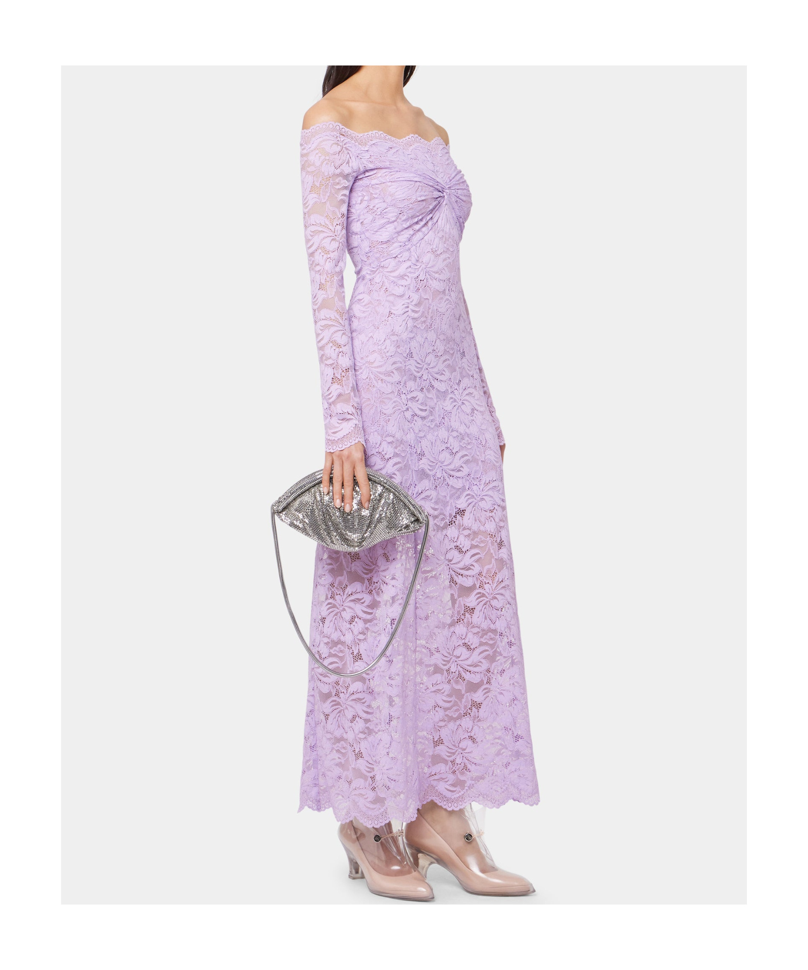 Rabanne Womens French Lavander Off-shoulder Long-sleeves Lace Midi Dress In Purple