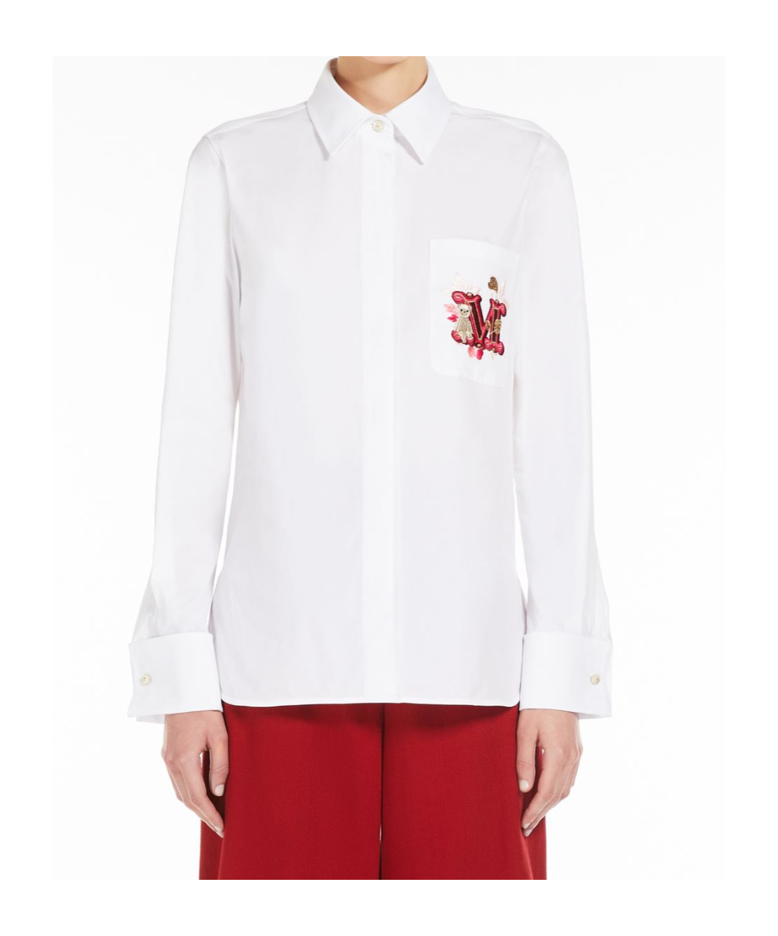 Max Mara Long Sleeve Embroidered Pocket Top In White