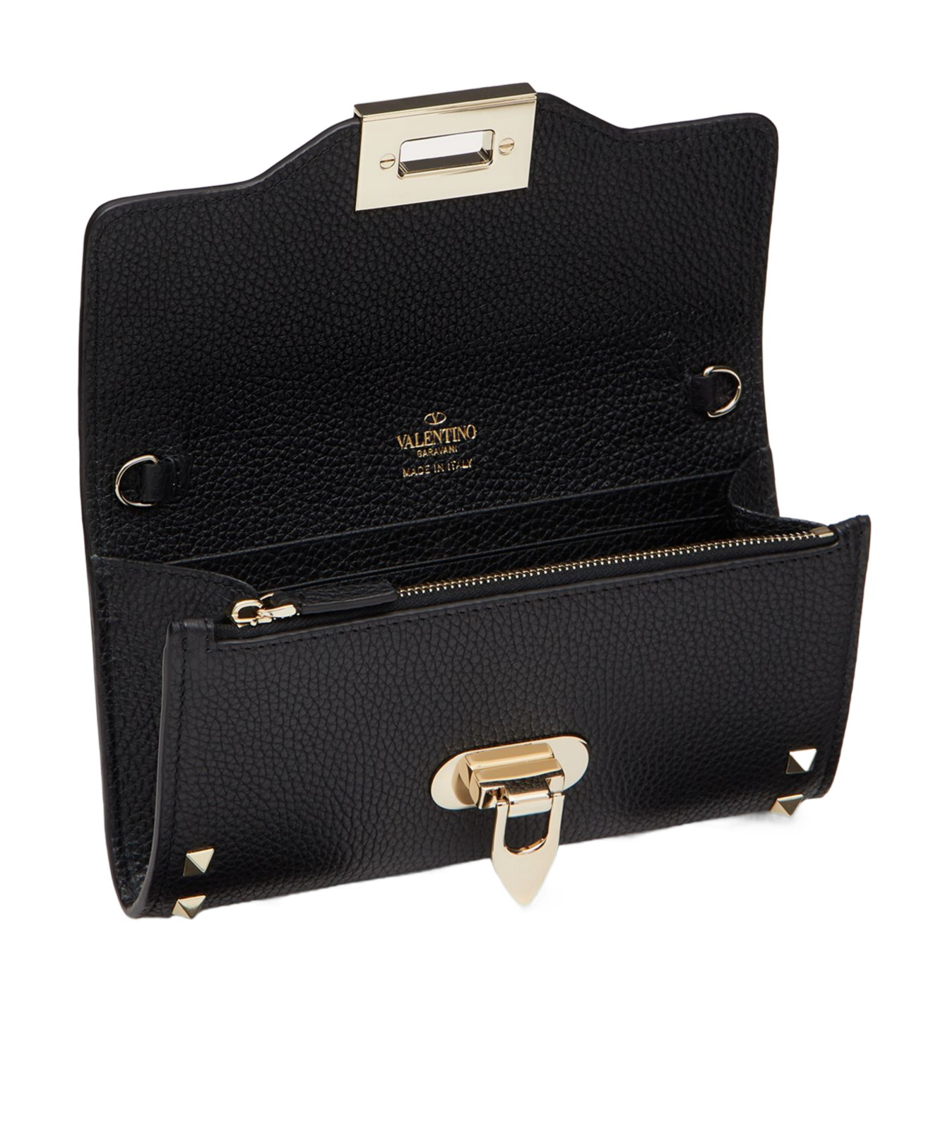 Valentino Garavani Rockstud Grainy Calfskin Wallet With Chain Strap Woman Black Uni In Black