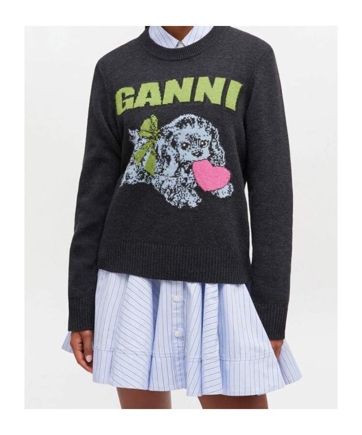 Ganni Playful Puppy Love Graphic Wool Blend Crewneck Sweater In Black