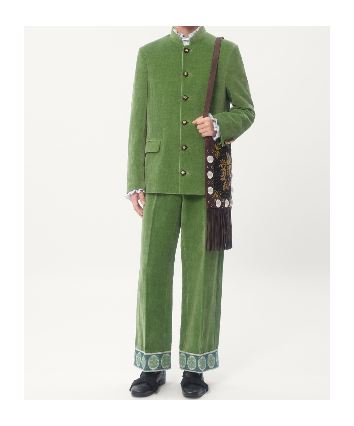 Valentino Garavani Velvet Trousers With Jacquard Hem In Green