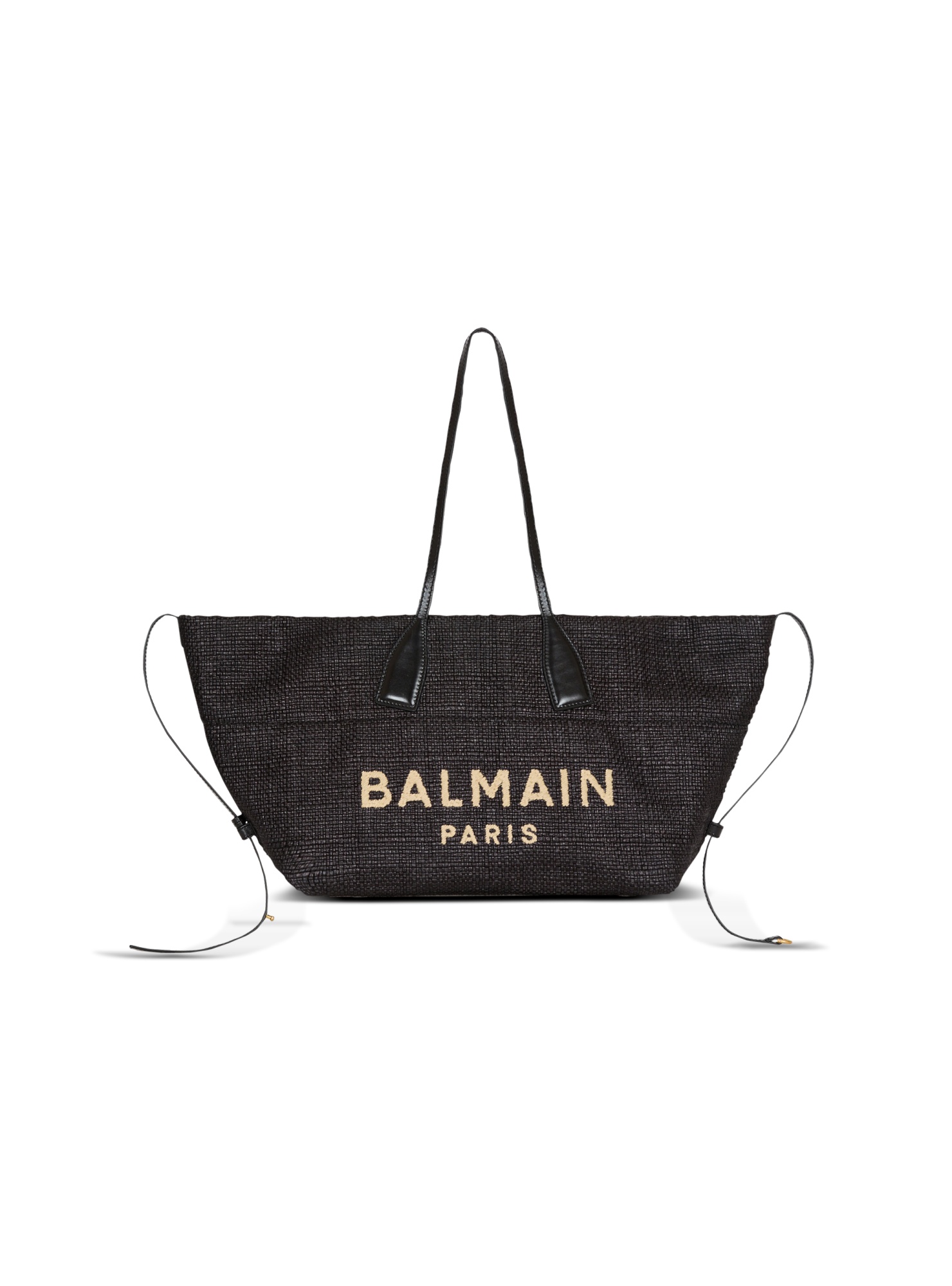 Balmain Track Tote Bag In Raffia And Calfskin In Black