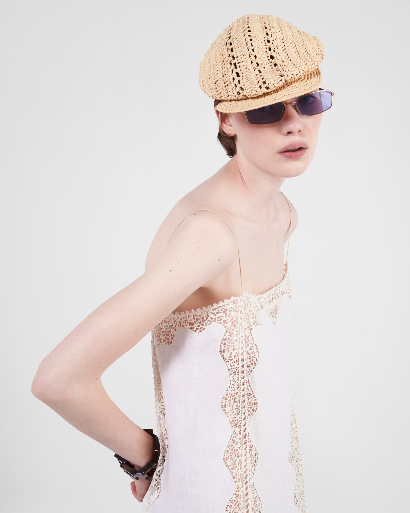 Prada Triangle-logo Crochet-knit Beret In Natural Color