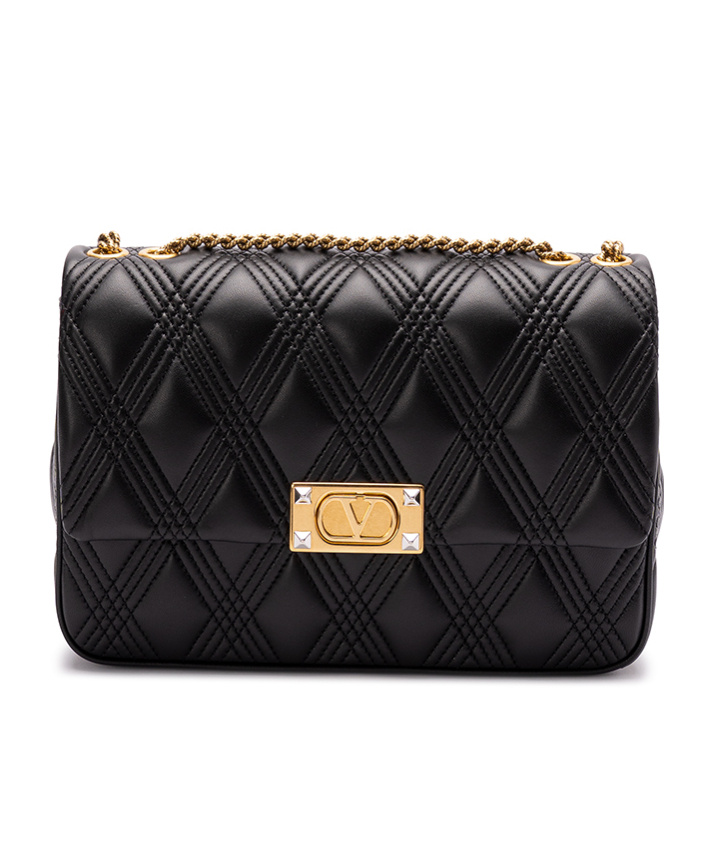 Valentino Borsa A Spalla Trapuntata Nera Con Catena Dorata In Black