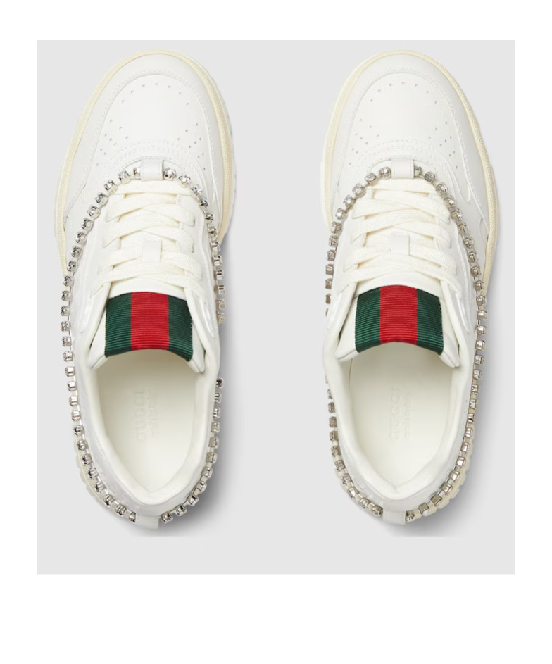 Gucci Re-web Grosgrain-trimmed Crystal-embellished Leather Sneakers In White