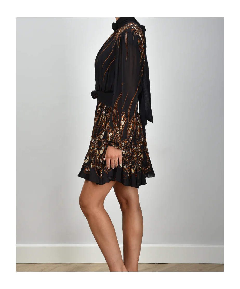 Farm Rio Tie-neck Floral-print Georgette Mini Dress In Black