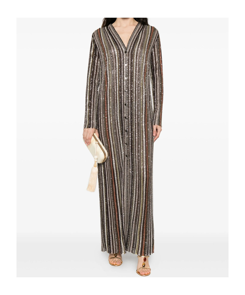 Missoni Long Dress With V-neck And Herringbone Stripe Knit In Multi