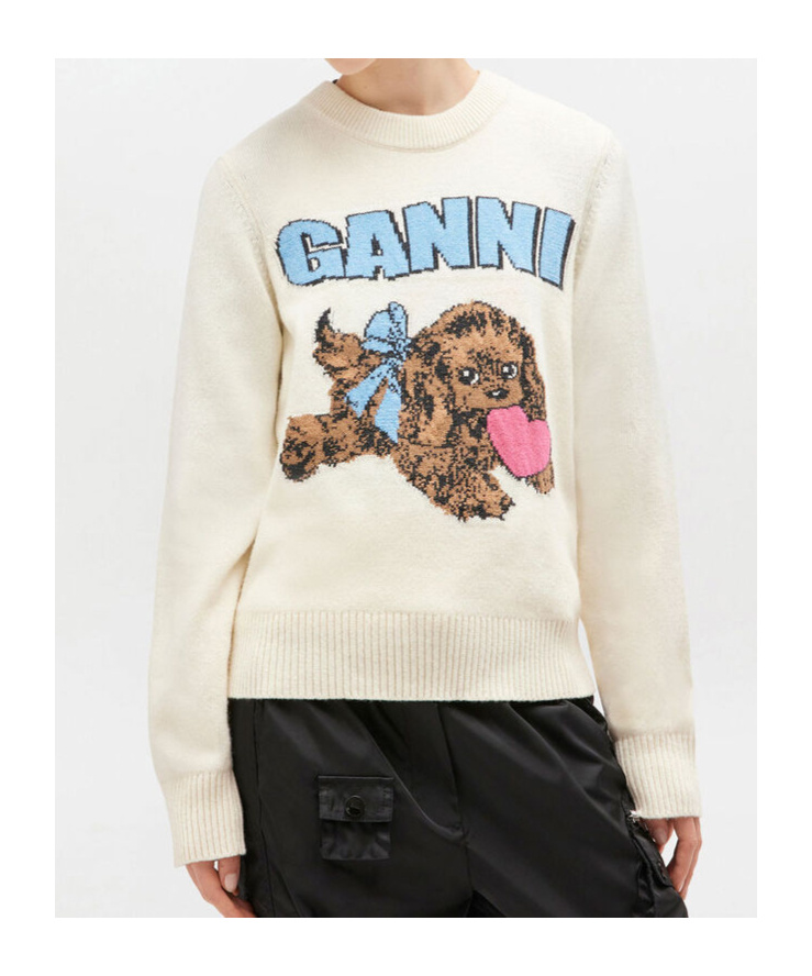 Ganni Crafted Wool Blend Puppy Love Crewneck Sweater In Neutral