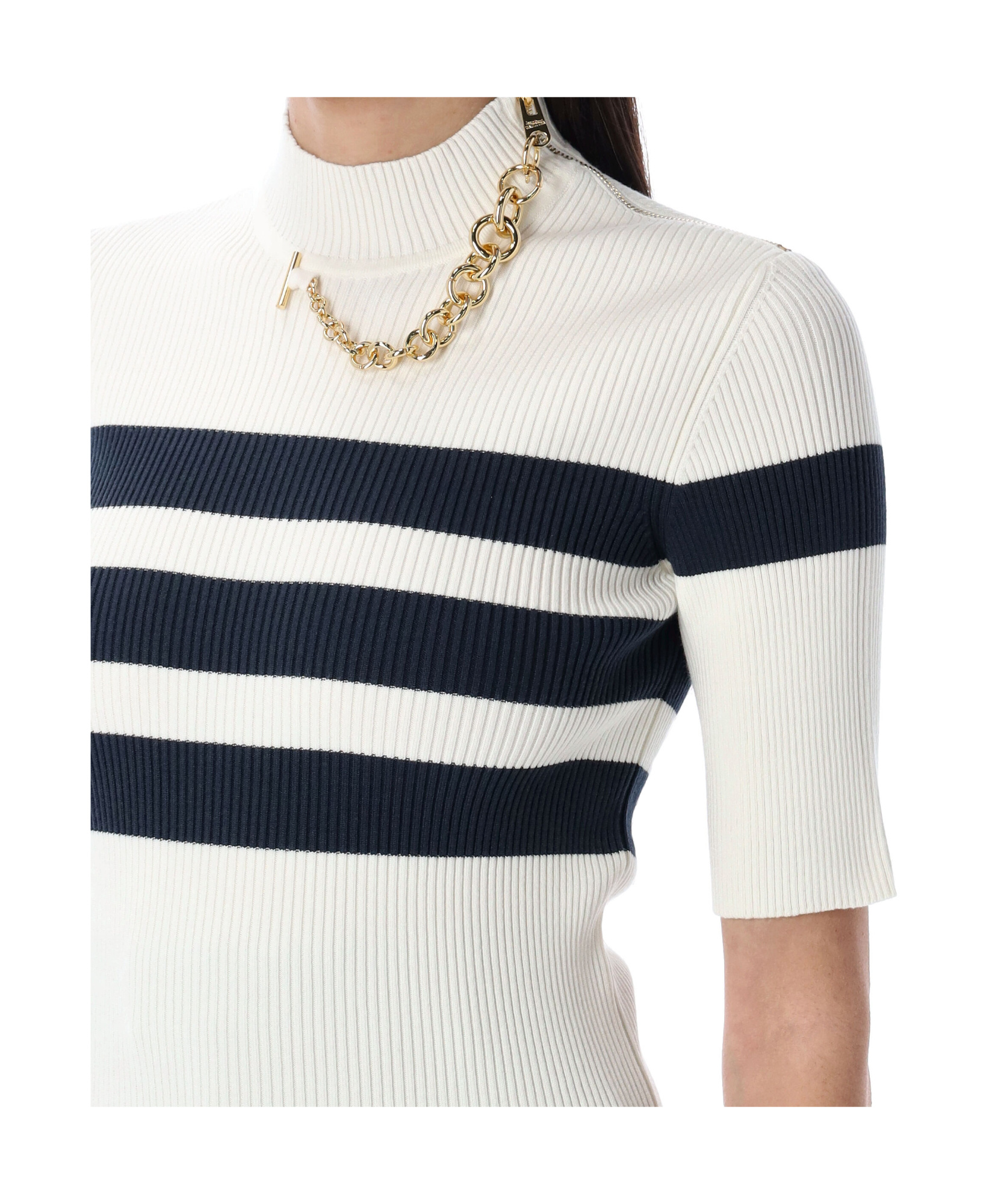 Jean Paul Gaultier High Neck Ribbed Texture Striped T-shirt In White