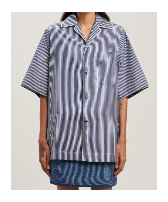 Palm Angels Navy Curved Logo Striped Shirt In Navy Blue