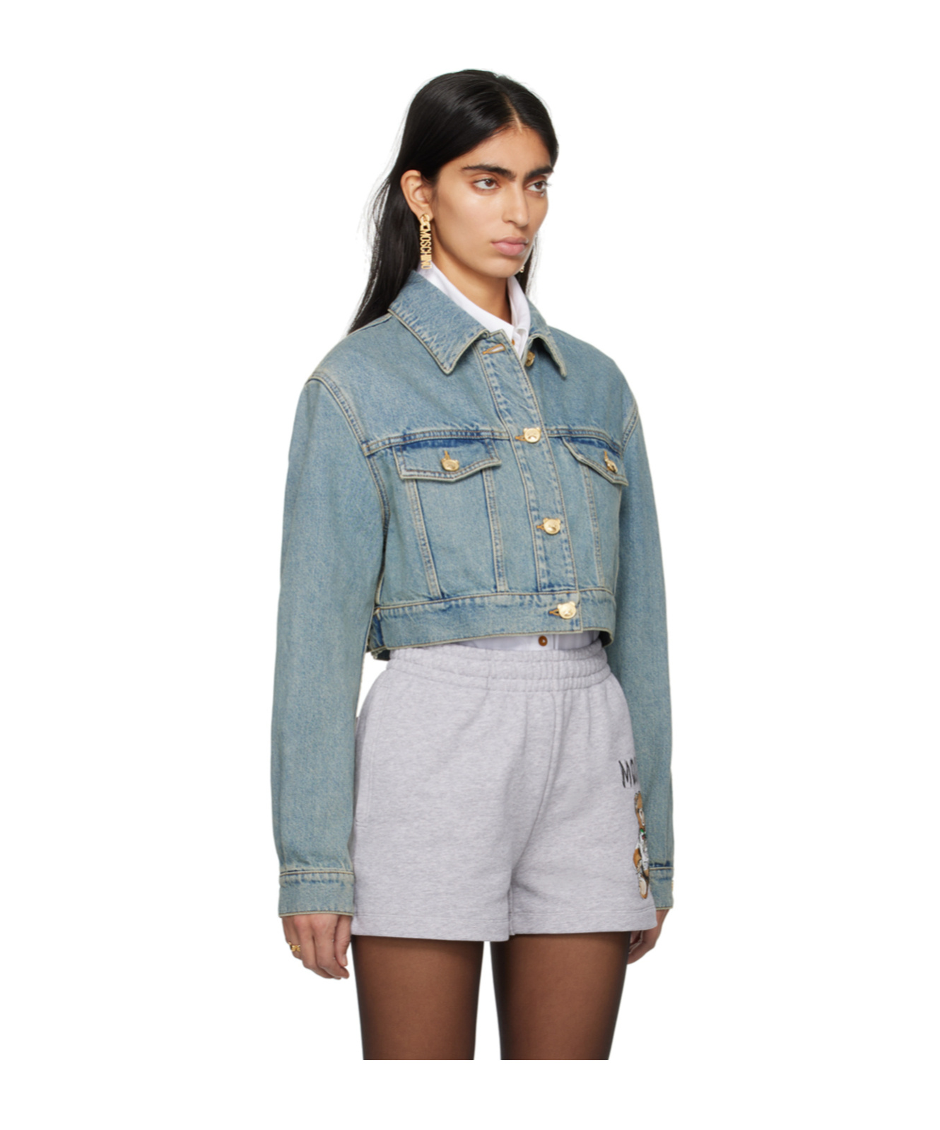 Shop Moschino Teddy Long-sleeved Denim Jacket In Gray