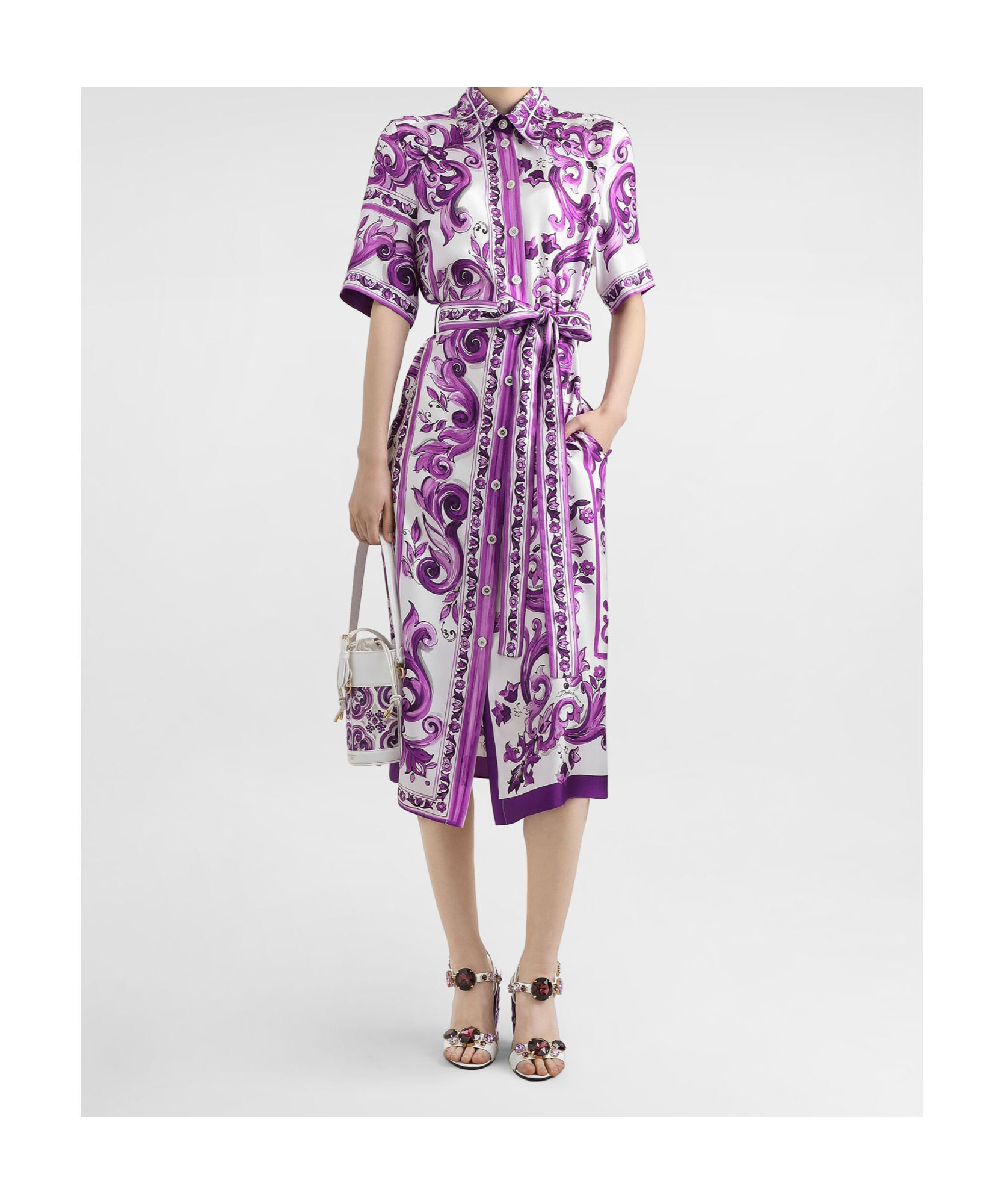 Dolce & Gabbana Collar Dress With Waist Knot And Majolica Print In Purple