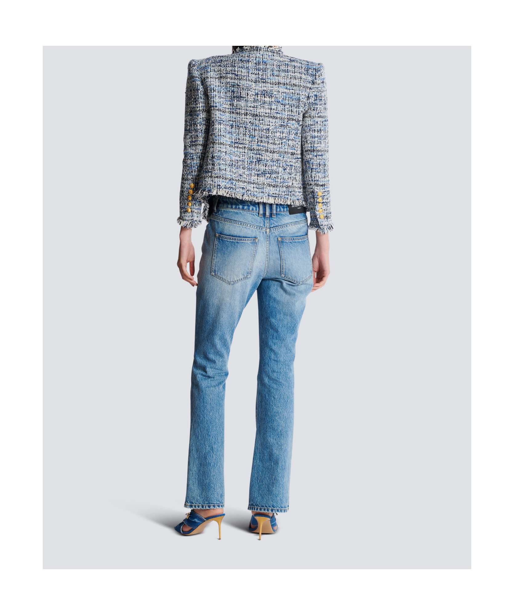 Balmain Spencer Button-embellished Frayed Cotton-blend Tweed Blazer In Gray