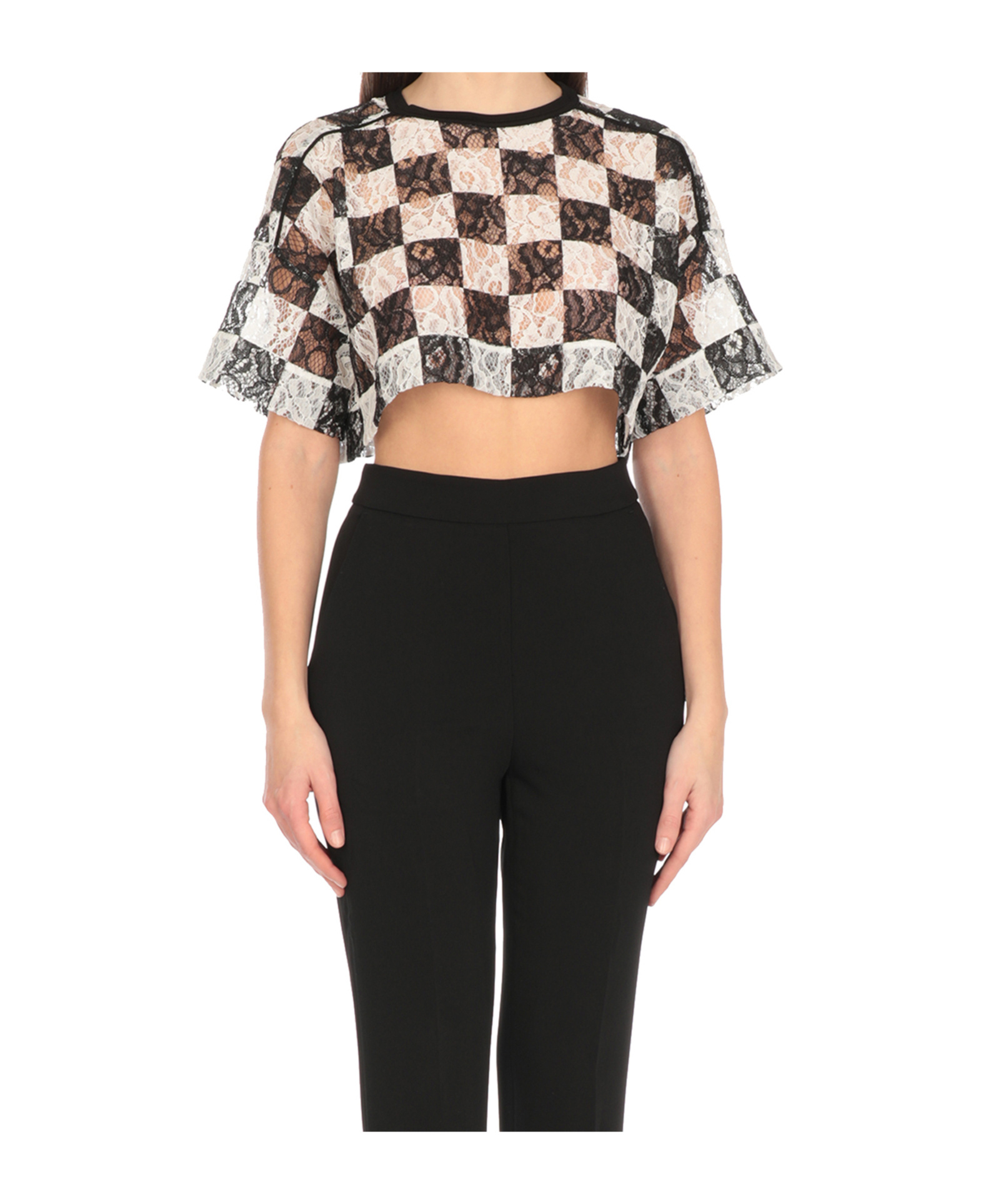 Shop Pinko Checked Cropped Lace T-shirt In White