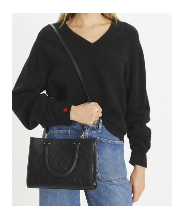Tory Burch T Monogram Embossed Square Tote In Black