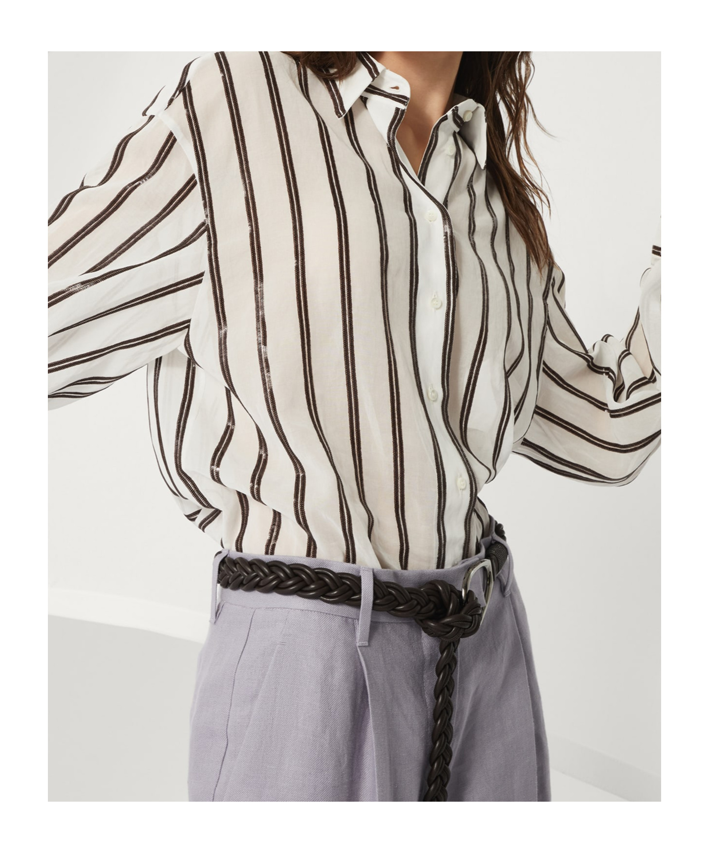 Brunello Cucinelli Sequined Stripe Button Down Gauze Blouse In Gray