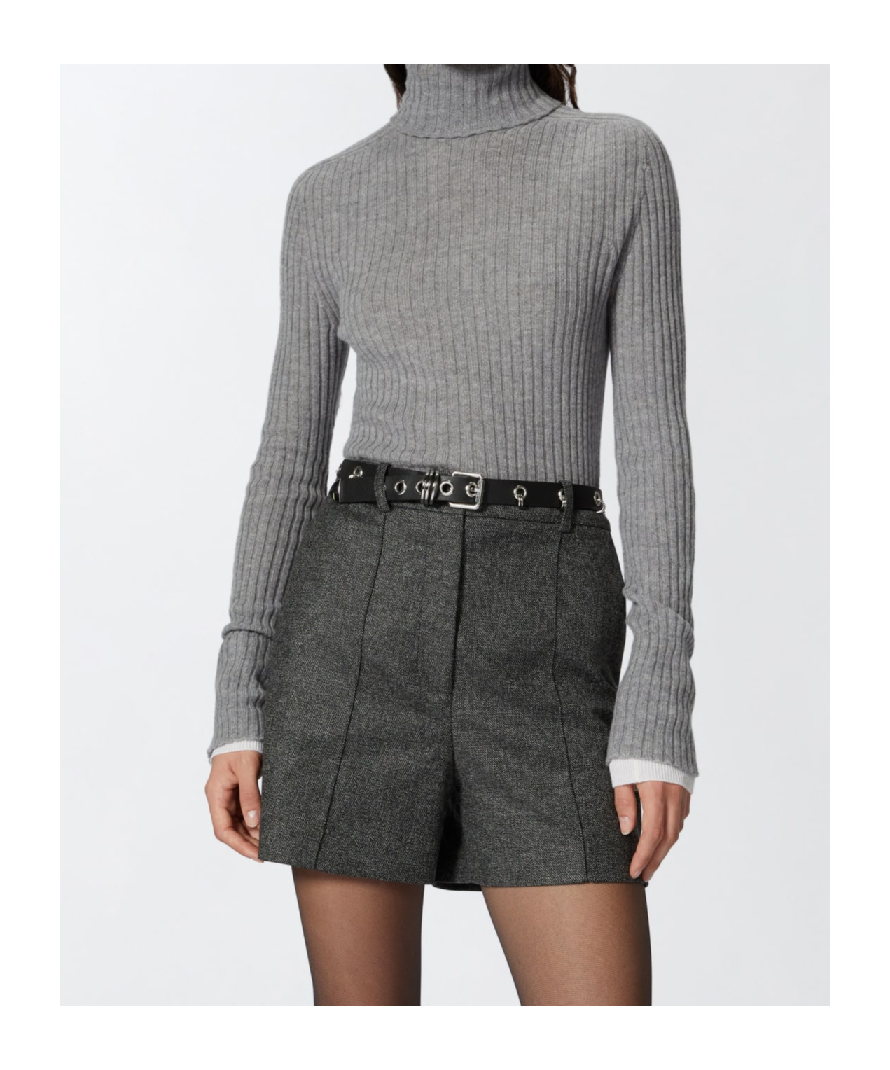 Pinko High-neck Ribbed Cashmere-blend Sweater With Lurex Cuffs In Gray