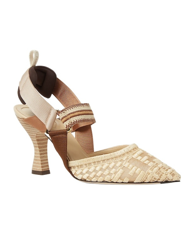 Fendi Medium-heeled Mesh Slingbacks With Raffia Ff Embroidery In Beige