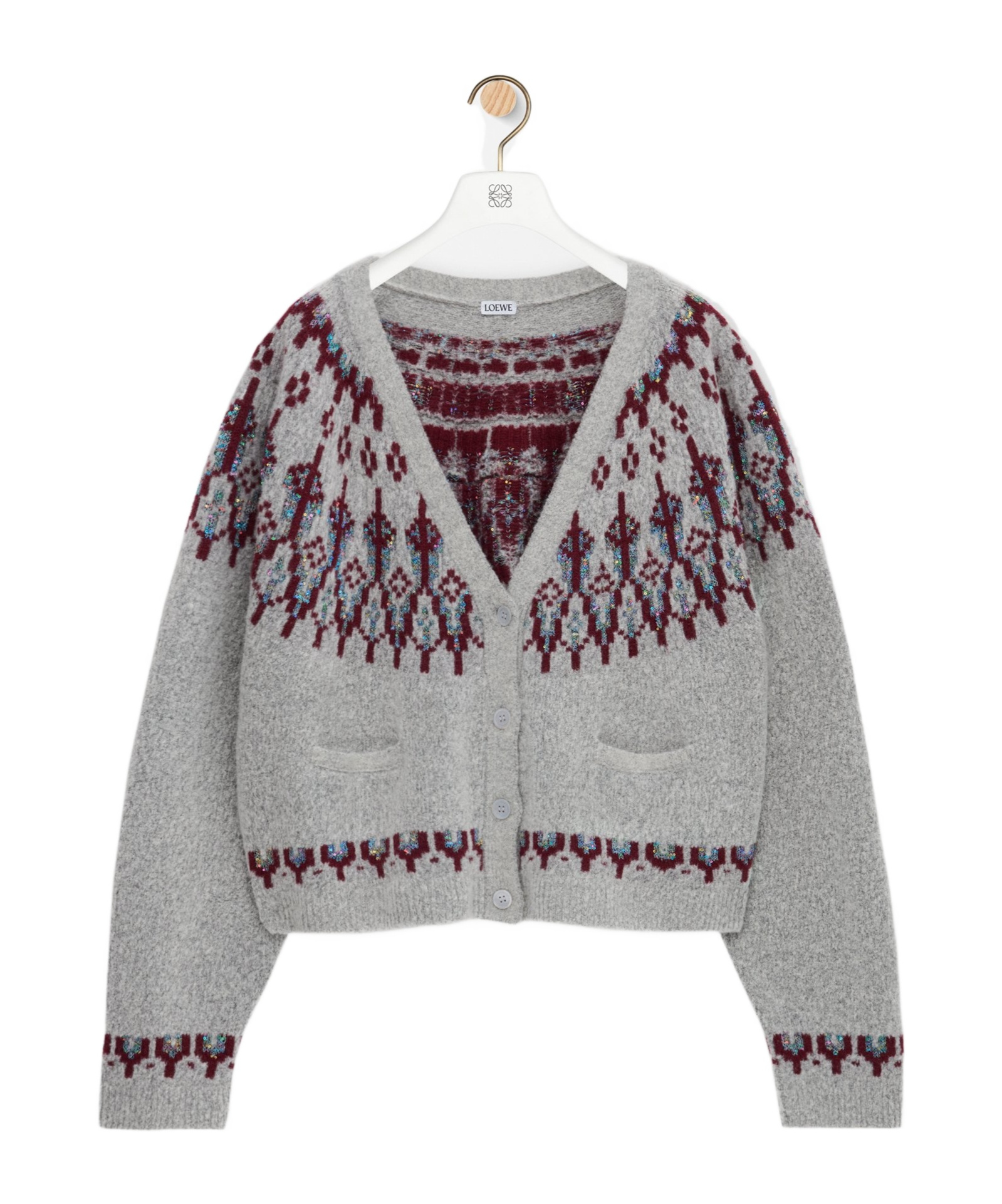 Loewe Sequin-embellished Fair Isle Wool-blend Cardigan In Gray